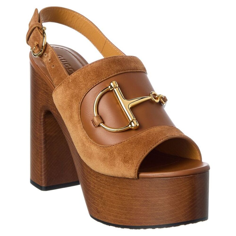 Gucci Horsebit Suede & Leather Platform Sandal, Brown
